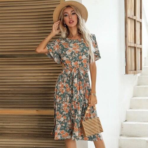 Fashion Summer Elegant Bandage Dress Midi Pleated Women Beach Dress Butterfly Sleeve Floral Print Boho Dress Vintage Sundress