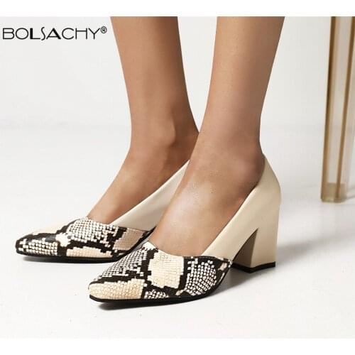 2021 Fashion Women Pumps Party mid Heel Pointed toe Shallow mouth High Heel Shoes Slip-On Snake pattern Women shoes size 32-43