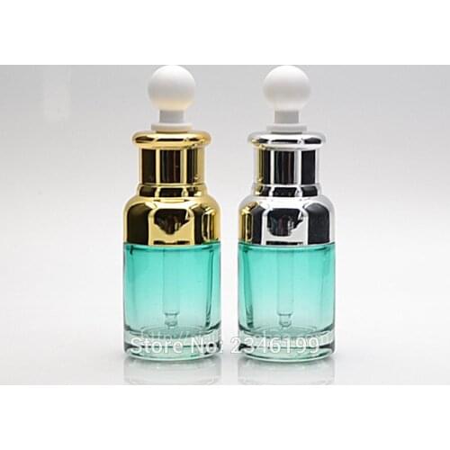 30ML 30G 15Pcs/Lot Light Green Glass Bottles with Golden Silver Dropper Cosmetics Essence Serum Packaging Container
