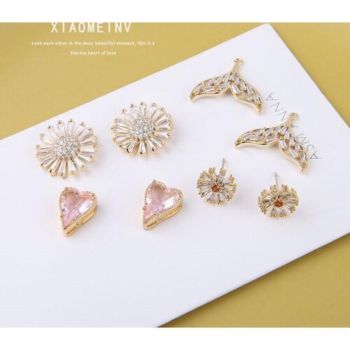 4pcs Preserving Color 18k Gold Zircon Crystal Fishtail Love Small Daisy Stud Earrings Women Jewelry Earrings Necklace Material