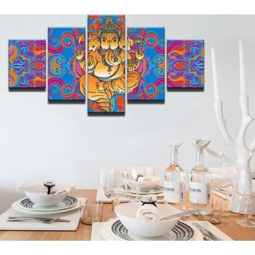Abstract Canvas Painting Wall Art Poster 5 Pieces India God Ganesha Pictures Home Decor For Living Room HD Printed Frame