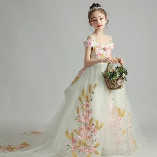 Flower Girl Dresses Embroidery Spaghetti Straps Pearls Appliques Sleeveless Lace Tulle Princess Court Train Kids Party Gown H341
