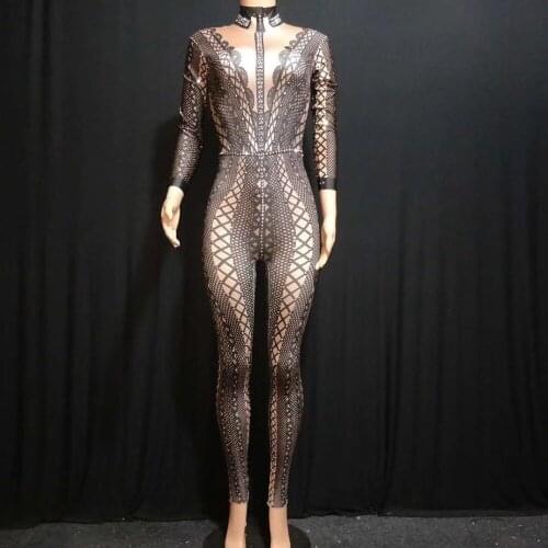 3 Colors Spandex Printed Stretch Jumpsuit Rhinestones One Piece Bodysuit Costume Stage Singer Dancer Performance Outfit DJ1016