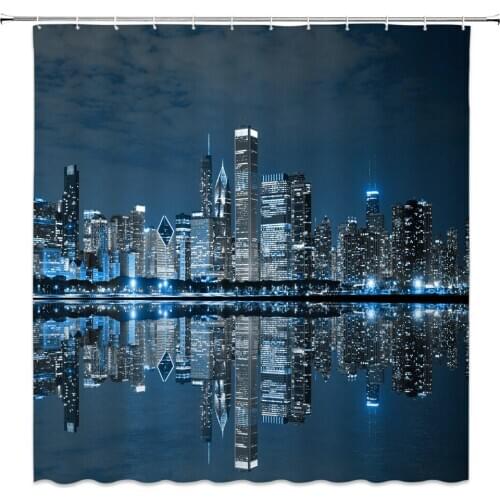 Cityscape Shower Curtain NYC Night Skyline Scenery View Artwork Picture Prints Polyester Fabric Bathroom Decor