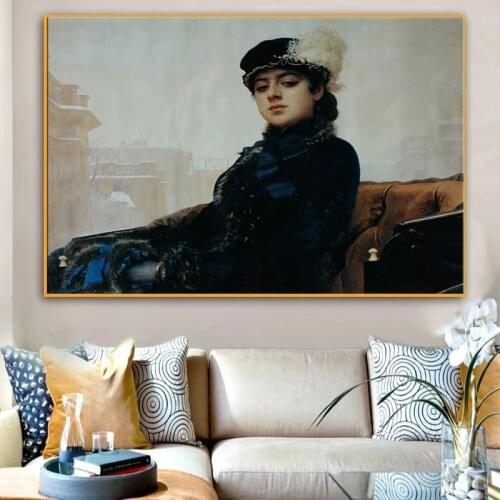 Russian Artist THE UNKNOWN GIRL Ivan Kramskoy Oil on Canvas Painting Poster and Prints Wall Art Pictures for Living Room