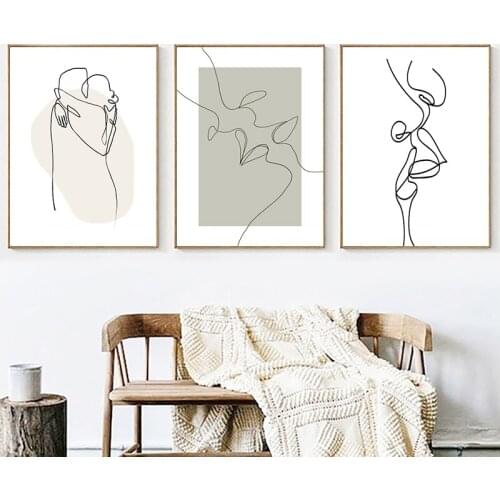 Lovers Kiss Line Drawing Art Canvas Painting Couple Romantic Poster Modern Abstract Print Bedroom Living Room Wall Picture Decor