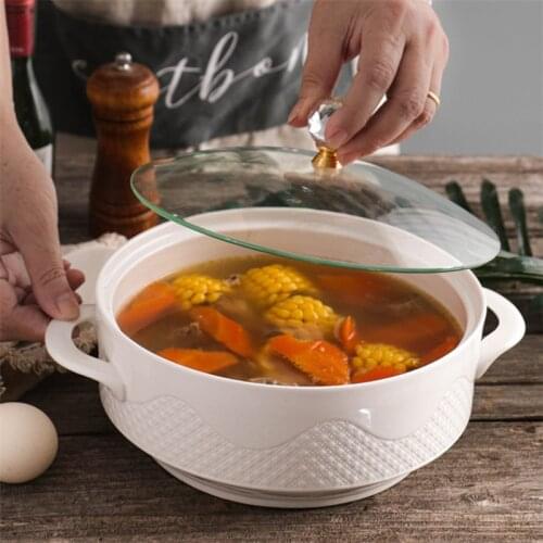 Nordic Ceramic Handle Salad Fruit Soup Bowl With Lid Large Noodle Rice Food Pot Home Dessert Breakfast Oatmeal Bowl Tableware