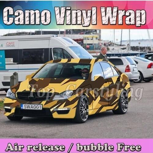 Coffee & Yellow & Black Camo Car Wrapping film Camouflage Car Styling camo vinyl car wraps with Bubble Free