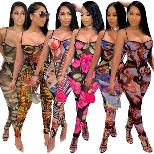 Print Sexy Hot Club Sheer Mesh Pants Set Clubwear Jumpsuit Outfits Skinny Bodysuit Leggings Womens Clothing With Free Shipping