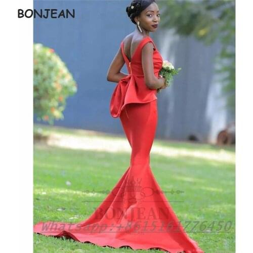 African Red Bridesmaid Dresses 2021 MermaidV Neck Open Back Elastic Satin Bridesmaid Dress Plus Size for Women Wedding
