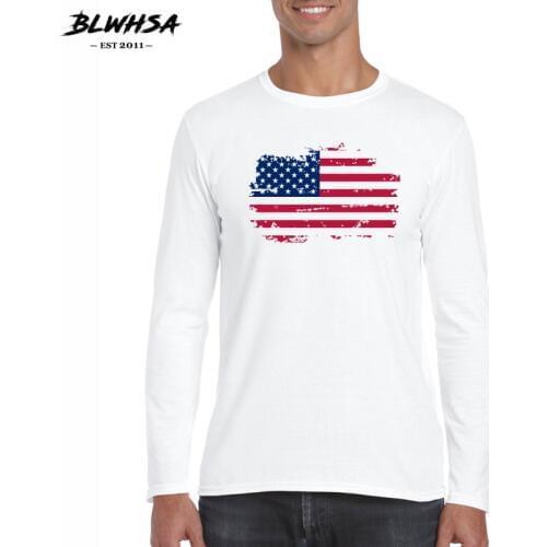 BLWHSA American Men T Shirts Fashion Brand Round Neck USA Flag Print Long Sleeve Cotton Casual T-shirt Men White big Size 2XL