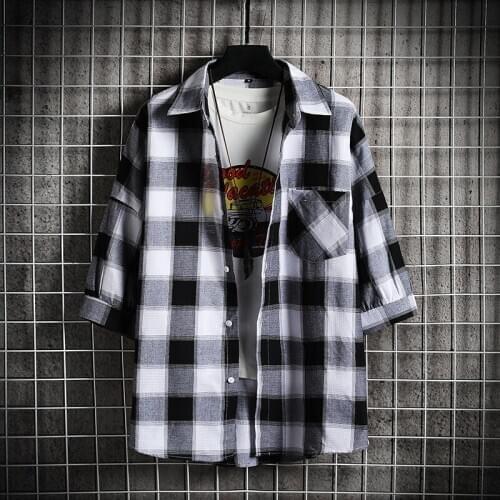 Men Casual Social Business Male Shirt Top Quality 3/4 sleeve Mens Dress Shirts Men Plaid Shirt Cotton Spring Autumn Casual Lo