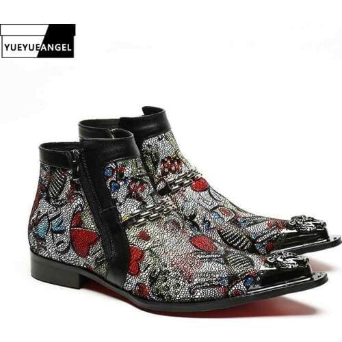 2020 New Designer Metal Trend Cool Zipper Hand Painted Priting Mens Ankle Boots Male Autumn Pointed Toe High Top Shoes Footwear