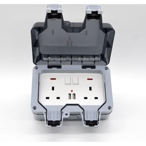 New Duplex Outdoor Waterproof Socket Wall Plug UK 250V 13A With 2.1mA USB Charging Jack With Power Switch Special Wholesale