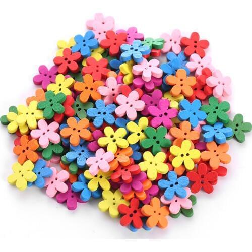 Wholesale 100pcs 14x15mm Multicolor Cute Flower Natural Decoration Sewing Scrapbooking Wood Buttons