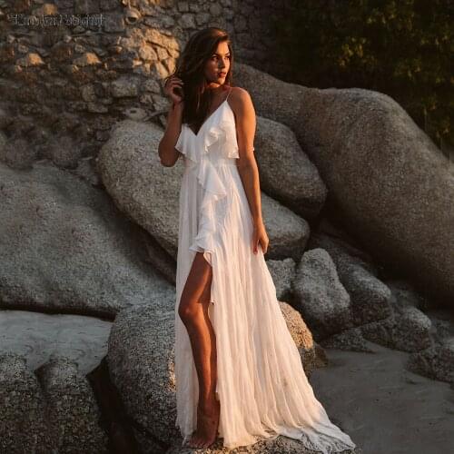 Sexy Split Beach Wedding Dresses Backless Ruffles Roamtic simplicity Boho Bridal Gowns Robe De Soriee DW465