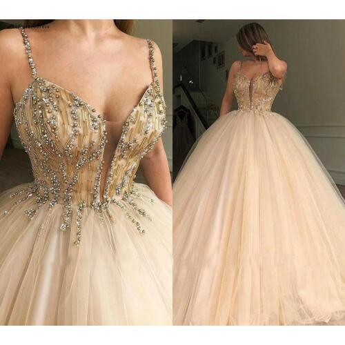 Champagne Quinceanera Dresses Spaghetti Strap Sleeveless Formal Princess Sweet 16 Ages Girls Prom Party Pageant Gowns Plus Size
