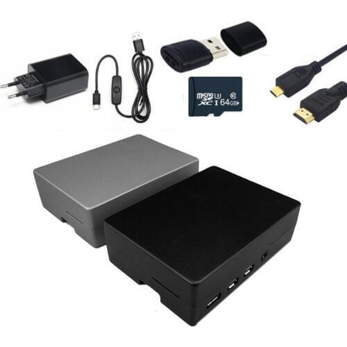 Raspberry PI 4 Case Kit Aluminum Case 5V 3A Power Adapter 64G Micro SD Card Micro HDMI Cable For Raspberry Pi 4 Model B