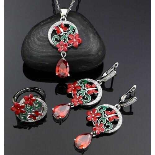 925 Sterling Silver Enamel Jewelry Set For Women Wedding Accessories Red Garnet White Topaz Earrings Ring Pendant Necklace