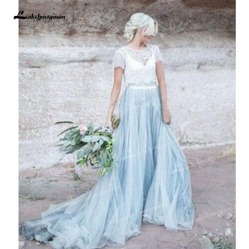 Blue Wedding Dresses Organza And Tulle A-Line Boho Illusion O-Neck Lace-Up Short Sleeve Sweep/Brush Bride Gowns Appliques Pleats