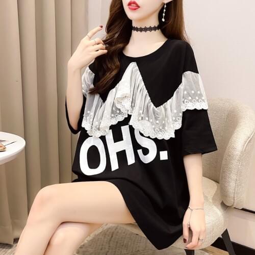 Mid Long Style Lace Short Sleeve T-shirt Women Spring Summer Korean Fashion New Girls Round Neck Letter Print Top