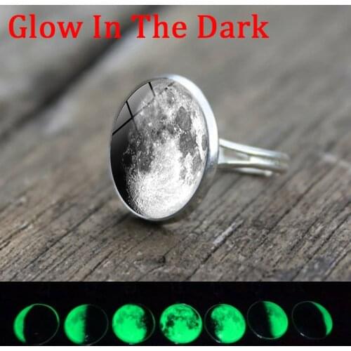 Glow In The Dark Ring Gray Full Moon Glass Cabochon Luminous Ring Adjustable Jewelry Accessories Women New Year Gift
