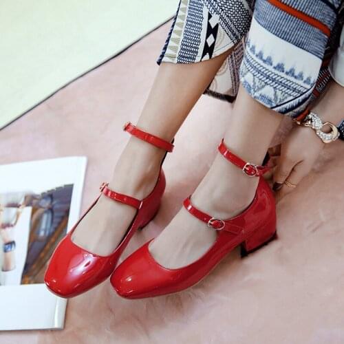 YMECHIC Summer 2019 Chunky Heels Red Black Mary Jane Ankle Strap Shoes Patent Shoes Woman High Heel Pumps Party Office Big Size