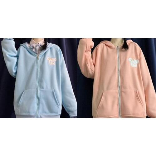 68UA Women Girl Japanese Style Hooded Jacket Cute Plush Rabbit Ears Oversized Loose Sweatshirt Coat Bear Embroidery Zip Up with