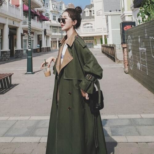 2021Temperament Suit Collar Fashion Double Breasted Long Trench Coat Femme Patchwork Bandage Windbreaker Women Outerwear y1245