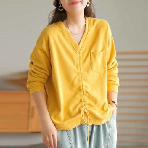 Johnature Women Knitted Cotton Lace Up Drawstring Sweater V-Neck Long Sleeve Solid Color Pocket 2021 Autumn New Loose Sweaters