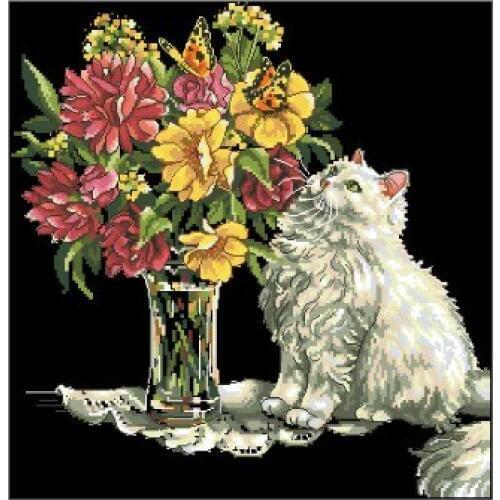 Gold Collection Lovely Counted Cross Stitch Kit Cat and Flowers dim 35180 Kitten Kitty Flower Bouquet