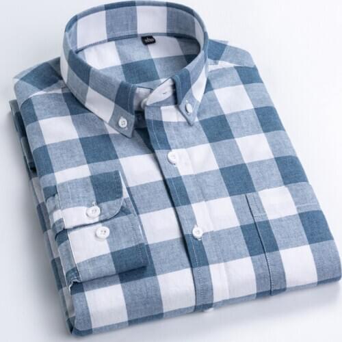 100% Pure Cotton Long Sleeve Shirt Plaid Casual Business Slim Fit Shirt Men Casual Korean Clothes Oversized Button Up Shirt