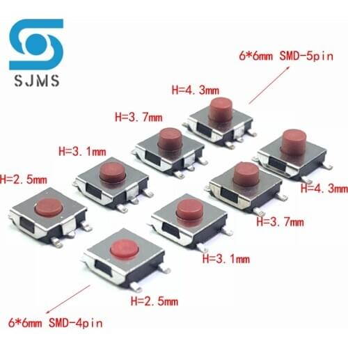 20PCS/LOT 6*6*2.5 / 3.1 / 3.7 / 4.3 mm SMD Switch 4 / 5 Pin feet Touch Micro Switch Push Button Switches Red 6X6 Tact Switch