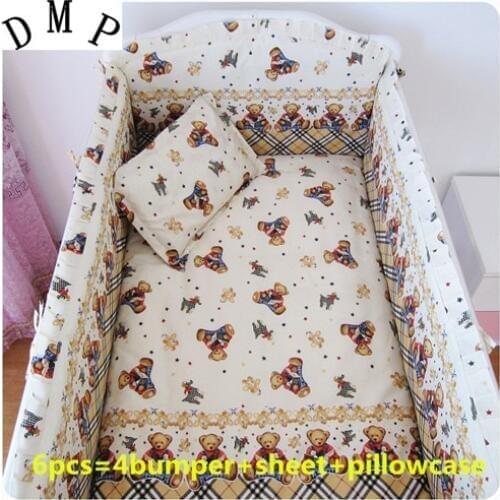 6PCS Bear Baby cot bedding sets baby boy baby bed cot sheet kit de berço (bumpers+sheet+pillow cover)