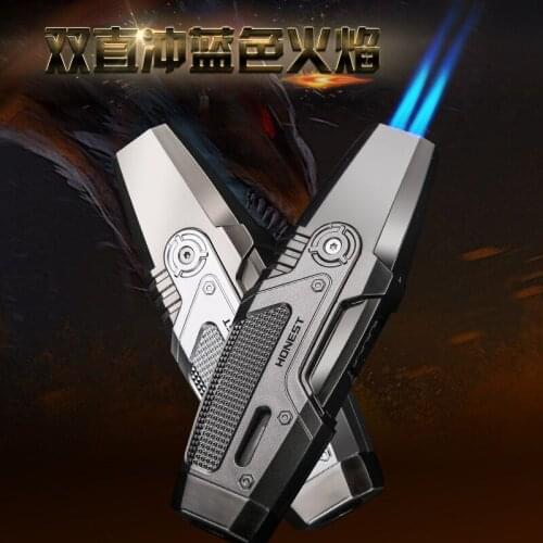 Double direct charging inflatable blue fire personality lighter creative double fire welding gun spray torch cigarette Tool NEW