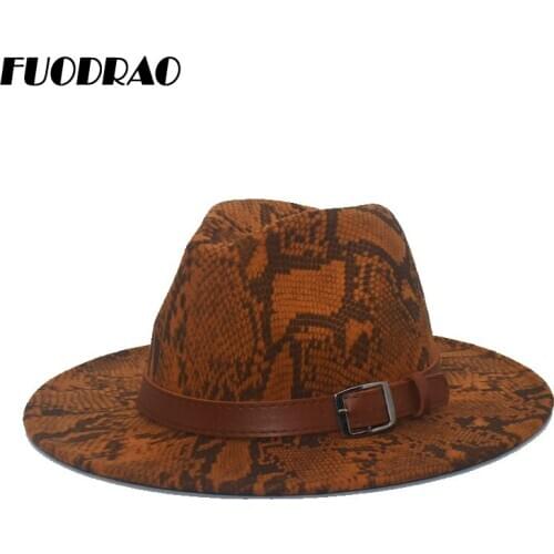 FUODRAO New Classic Women Fedoras Snake Print Wide Brim Fedora Hats Wool Autumn Winter Jazz Hats Vintage British Cowboy Hat F79