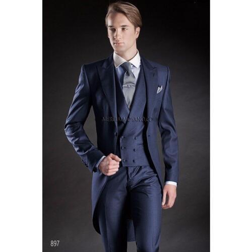 Hot Sale One Button Navy Blue Groom Tuxedos Peak Lapel Groomsmen Mens Wedding Prom Suits (Jacket+Pants+Vest+Tie) NO:125