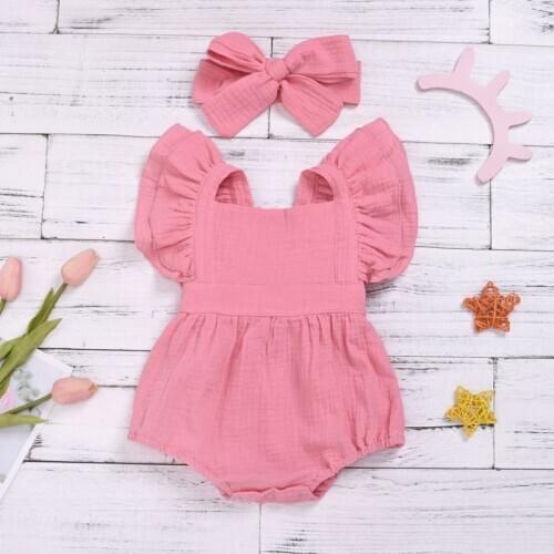Cotton Baby Girl Clothes Summer New Double Gauze Kids Ruffle Romper Jumpsuit Headband Pink Playsuit For Newborn 3M