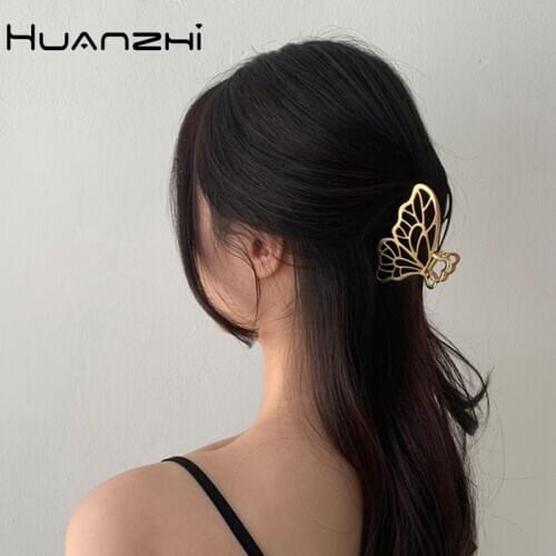 HUANZHI 2020 New Korean Simple Gold Silver Color Metal Hollow Butterfly Shell Fairy Hair Clip Hairpin Accessories for Women