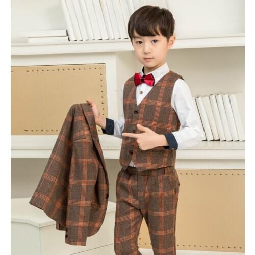 2020 Purple Plaid Suit for Boys Slim Fit Children Wedding Suits Set Brown Kids Formal Dress Suit Set Jacket Pants Vest 3 Pieces