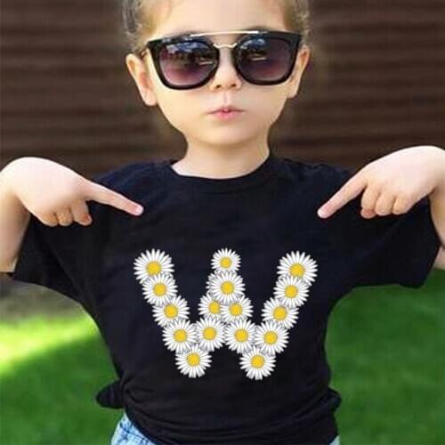 Summer T-shirt Fashion Alphabet Girls Tshirts Harajuku Retro Boy Childrens Tshirt Daisy Flowers Element Round Neck Kids Tshirt