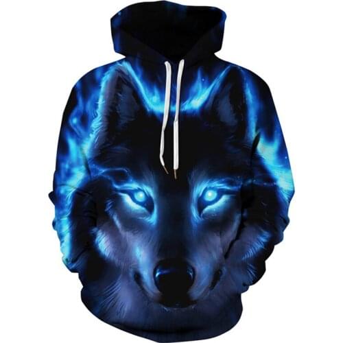 Men Fashion 3D Wolf Printed Hoodie Cool Animal Pullover Top Loose Hooded Reflective Sweatshirts