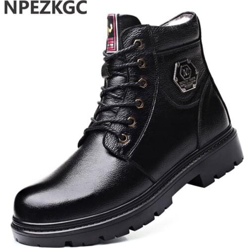 New Autumn Winter Leather Mens Boots Comfortable Warm Lace-Up Safety Fashion Boots Waterproof Non-Slip Rubber Male Ankle Boots