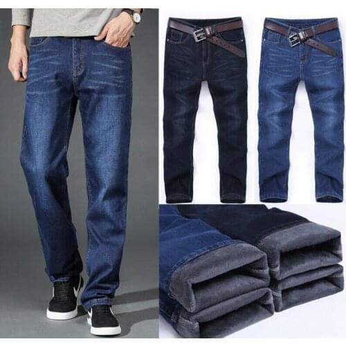 Mens Winter Thick Warm Jeans Fleece Lining Denim Trousers Cotton Warm Trousers 2020 Hot Sale Solid Color All-Match Simple