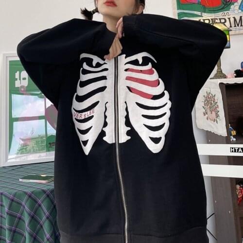 Spring Autumn New Y2k Grunge Clothes Harajuku Loose Skull Print Goth Zip Hoodies Women Black Vintage Plus Size Skull Sweatshirt