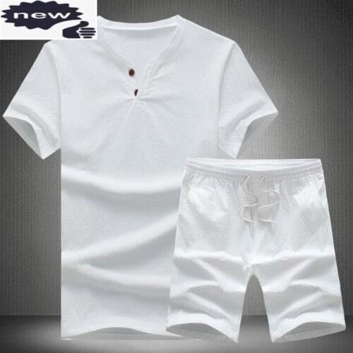 New Arrival Summer Fashion Short Sleeve Male Two Piece Sets Shorts For Men Breathable Cotton Linen Plus Size M-5XL Set