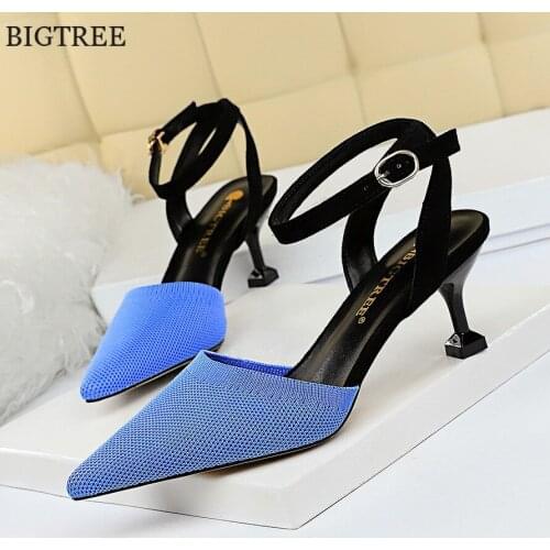 BIGTREE Shoes Stiletto Ankle Buckle Sexy Women Sandals Mixed Colors Woolen Pointed Toe Sexy Party Shoes Shallow Woman High Heels