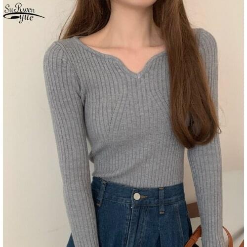 Autumn Elegant Slim V-neck Solid Sweater Long-sleeved Bottoming Shirt Causal Gentle Tops Sweater Female Wild Spot Clothes 16177