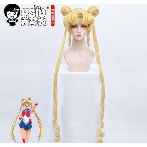 HSIU Anime New Sailor Moon cosplay Tsukino Usagi cosplay wig Blonde Double Ponytail Long Curly Give away brand wig net