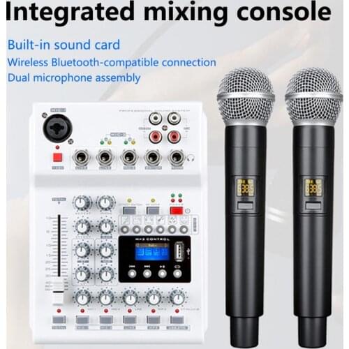Handheld Microphone Console Mixer Integrated Live Sound Audio Soundcard DJ Mixing Console with UHF Wireless Microphone Karaoke
